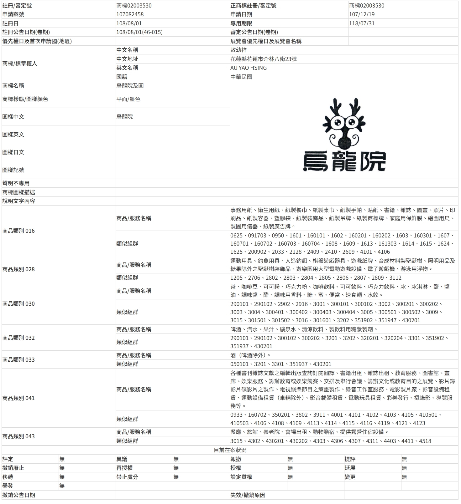 商標註冊 02003530 號「烏龍院及圖」 image